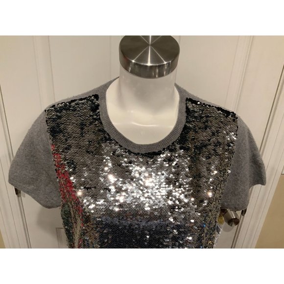 Les Copains Gray Wool Crew Neck Sweater w/ Sequin Front, Sz 16 (US) 50 (EU) - Picture 2 of 7